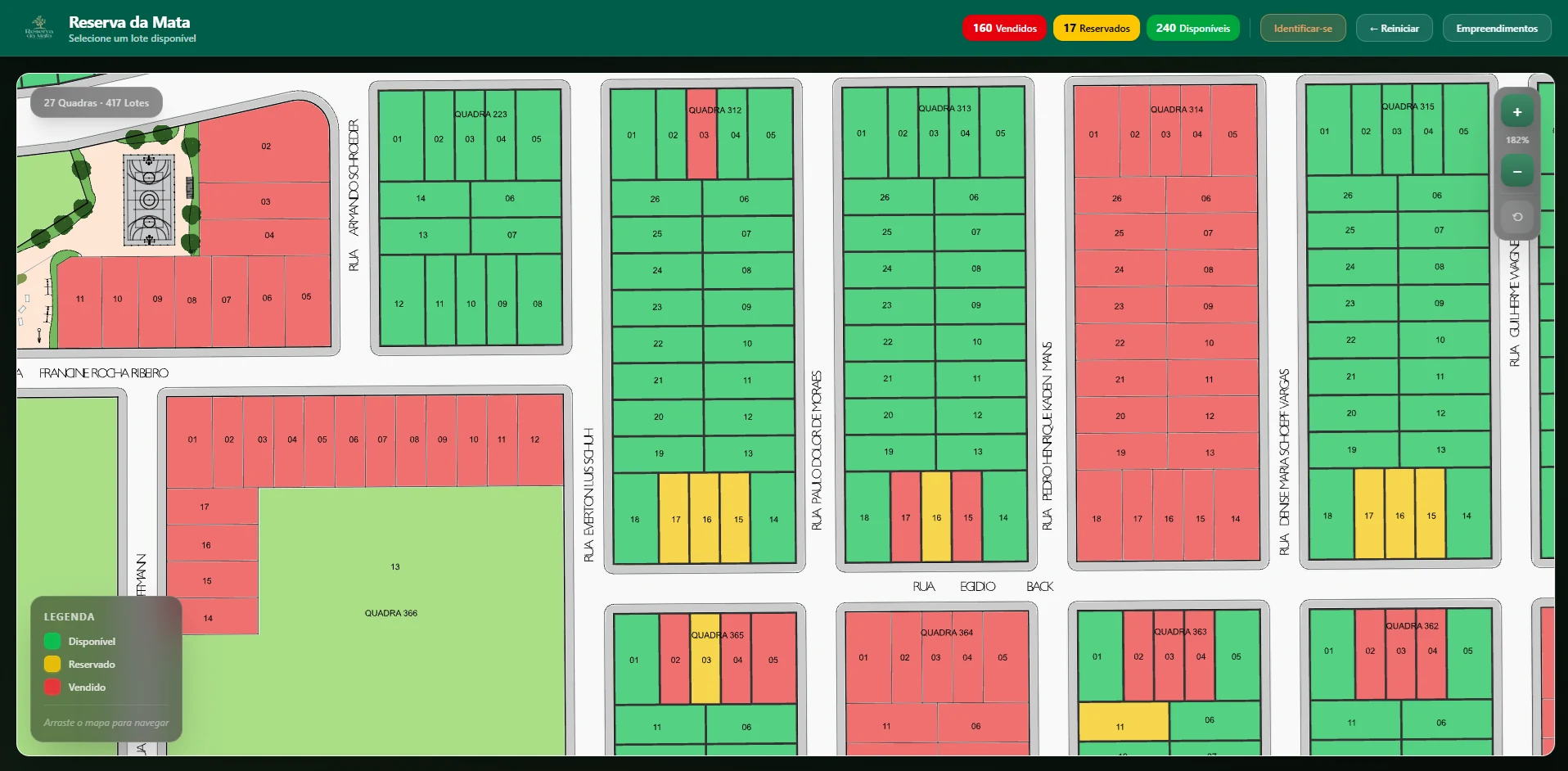 Tela do simulador com o mapa interativo de um loteamento, quadras e lotes por status